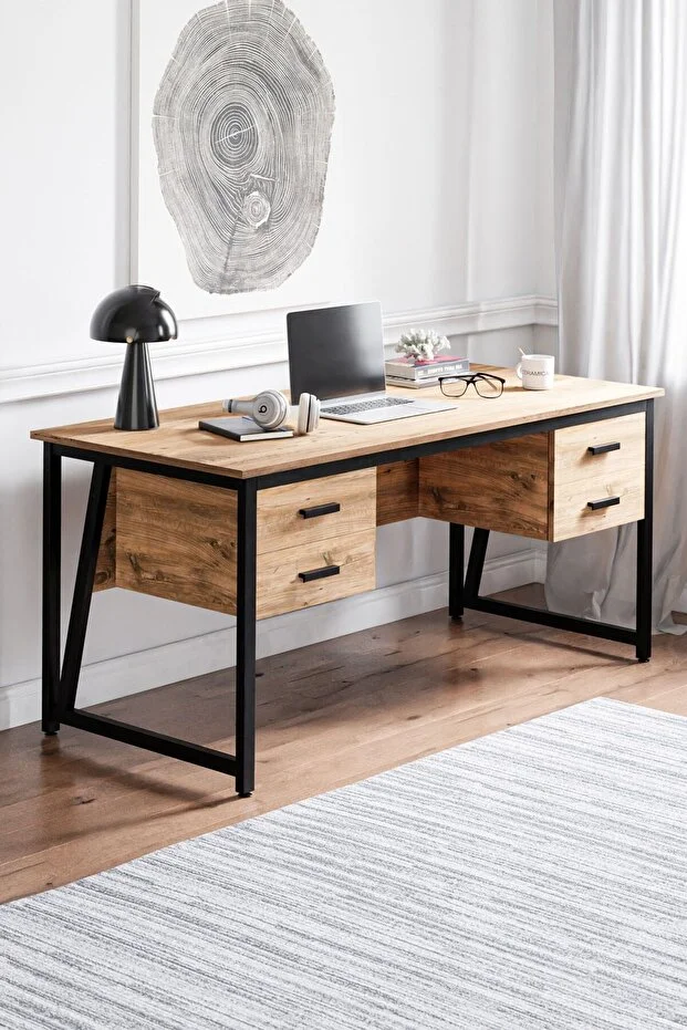 Çalışma Masası, Ofis Masası - 70x160 cm - Çam - 4 Çekmeceli